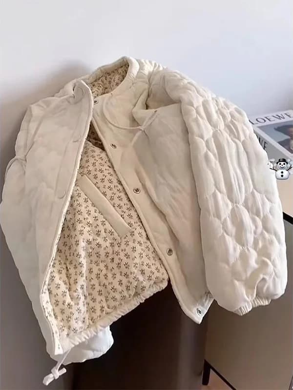 Women's Double-Sided Wear White Floral Cotton Jacket Lightweight Fashionable Winter Coat Casual Loose Fit Long Sleeve round Neck