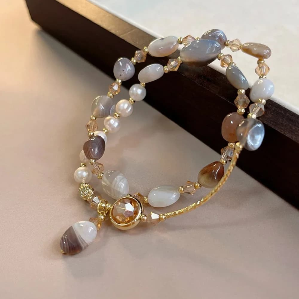 Set da 2 pezzi di bracciale di perline di perle di pietra naturale di lusso per le donne, ciondolo di cristallo con ciondolo di Boemia, gioielli per le vacanze, accessorio da spiaggia