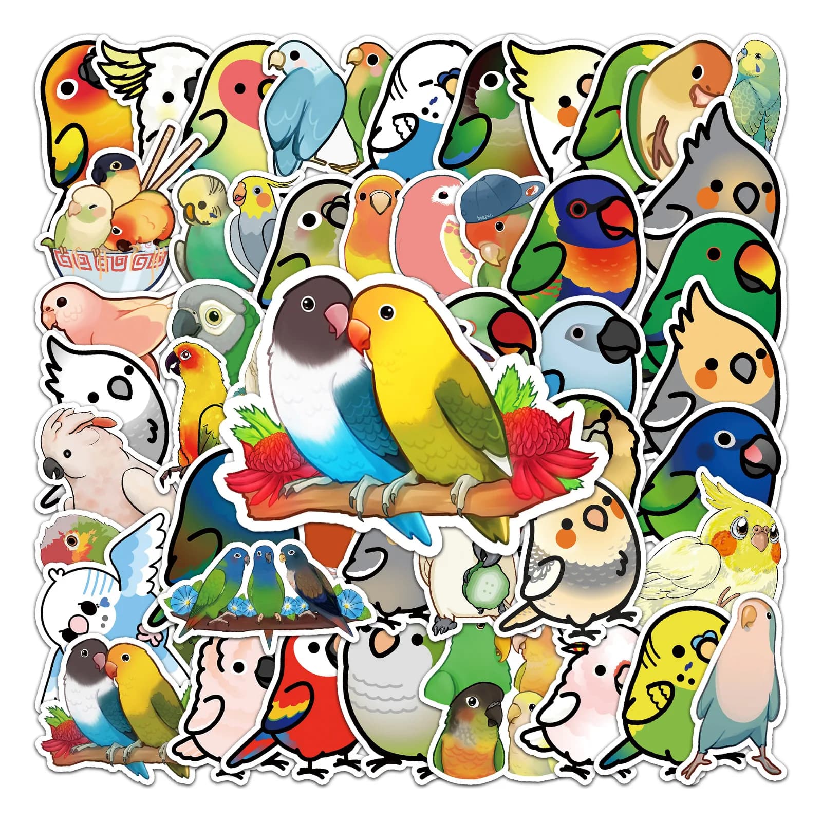 50 Pezzi Adesivi Impermeabili Decorativi a Tema Pappagallo e Cartoni Animati per Telefono, Bagagli, Laptop, Chitarra, Bici, Skateboard, Frigorifero, Casco, Giocattoli per Bambini