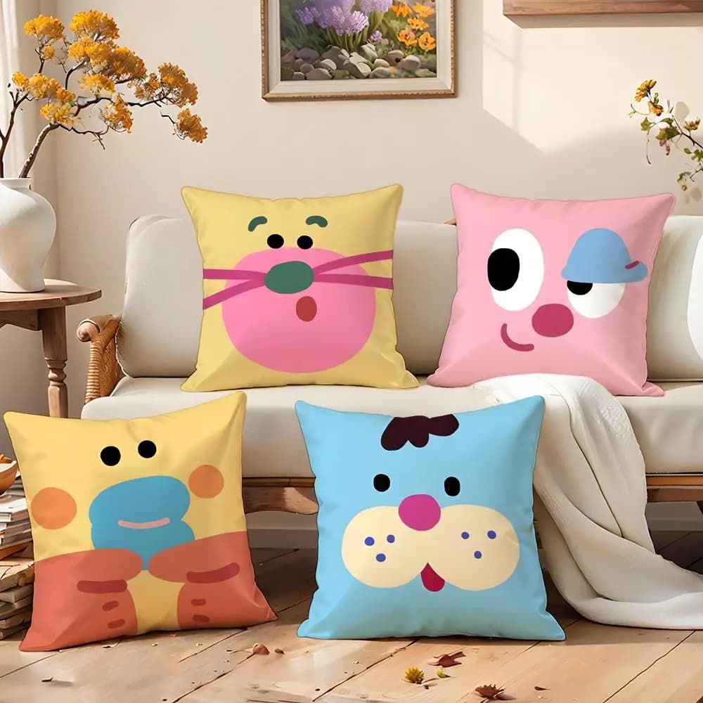 Fodera per cuscino con motivo geometrico a cubo e animali dei cartoni animati, comfort premium, reversibile - Design due in uno per qualsiasi stanza e auto