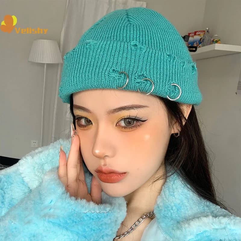 Berretti invernali Harajuku Y2k cappello lavorato a maglia moda donna caldo flangiatura spessa anello in metallo cappello corto berretto basic unisex