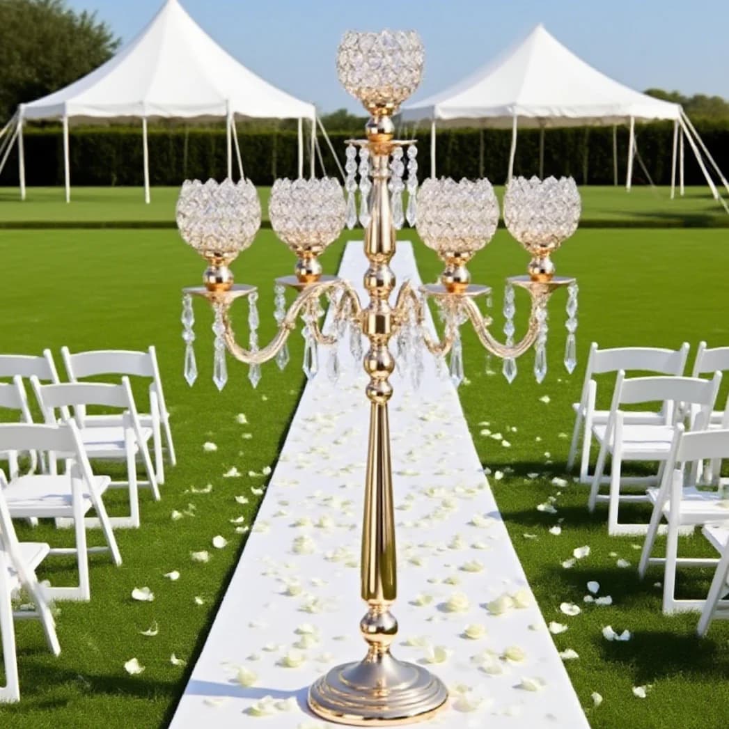 Set di 8 Candelabri a 5 Bracci da 90cm, Centrotavola per Matrimoni, Decorazioni da Tavola, Portacandele in Metallo Dorato 1335