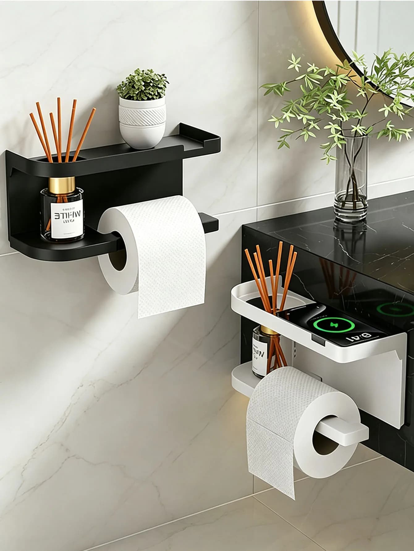 Non Drilling Wall Mounted Tissue Holder with Storage Rack, Bathroom Accessories Plastic Storage Rack and Roll Paper Rack