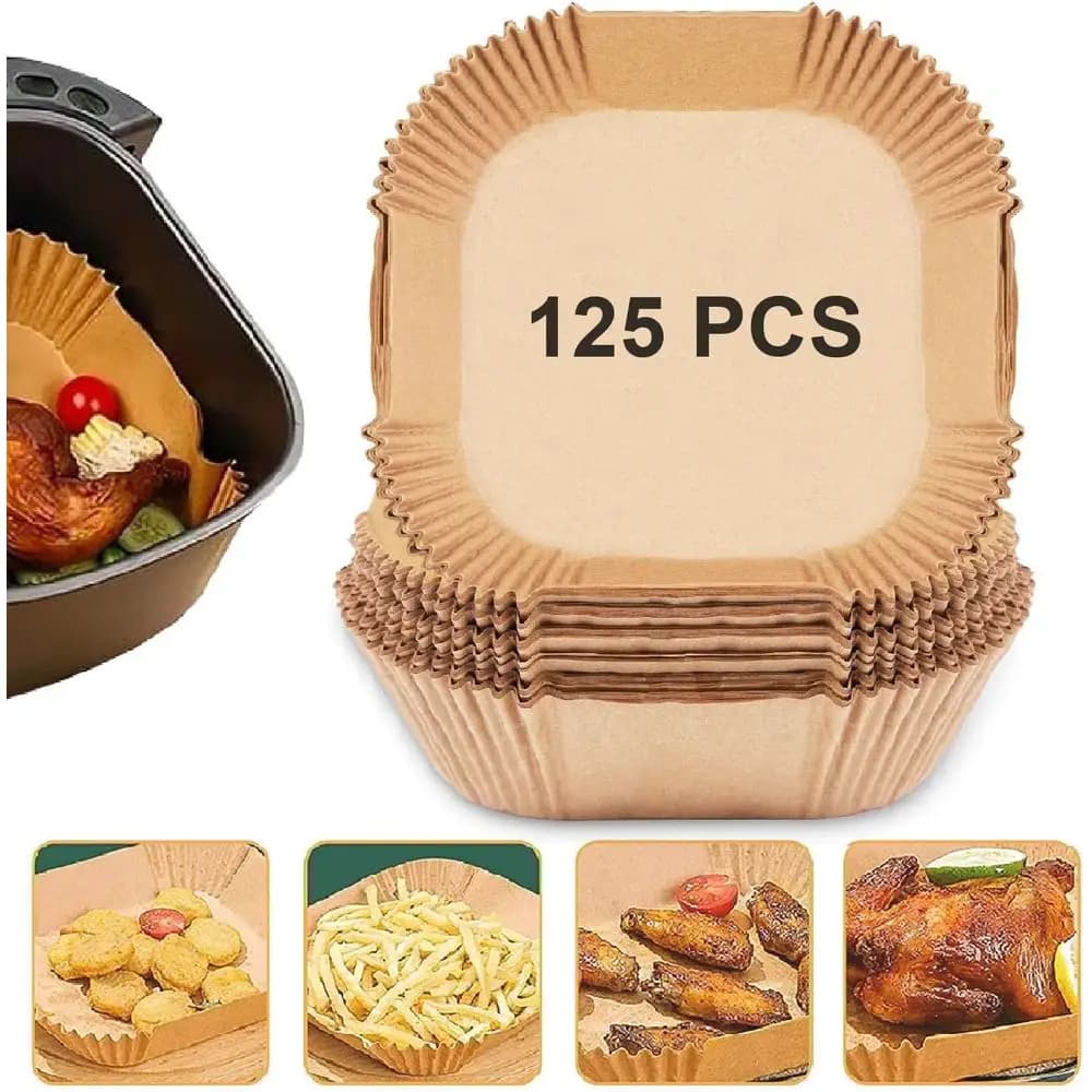 Non-stick Disposable Parchment Liners, 125 Count, 8 Inch Square, Oil and Water Resistant for Air Fryer, Microwave, and Roasting