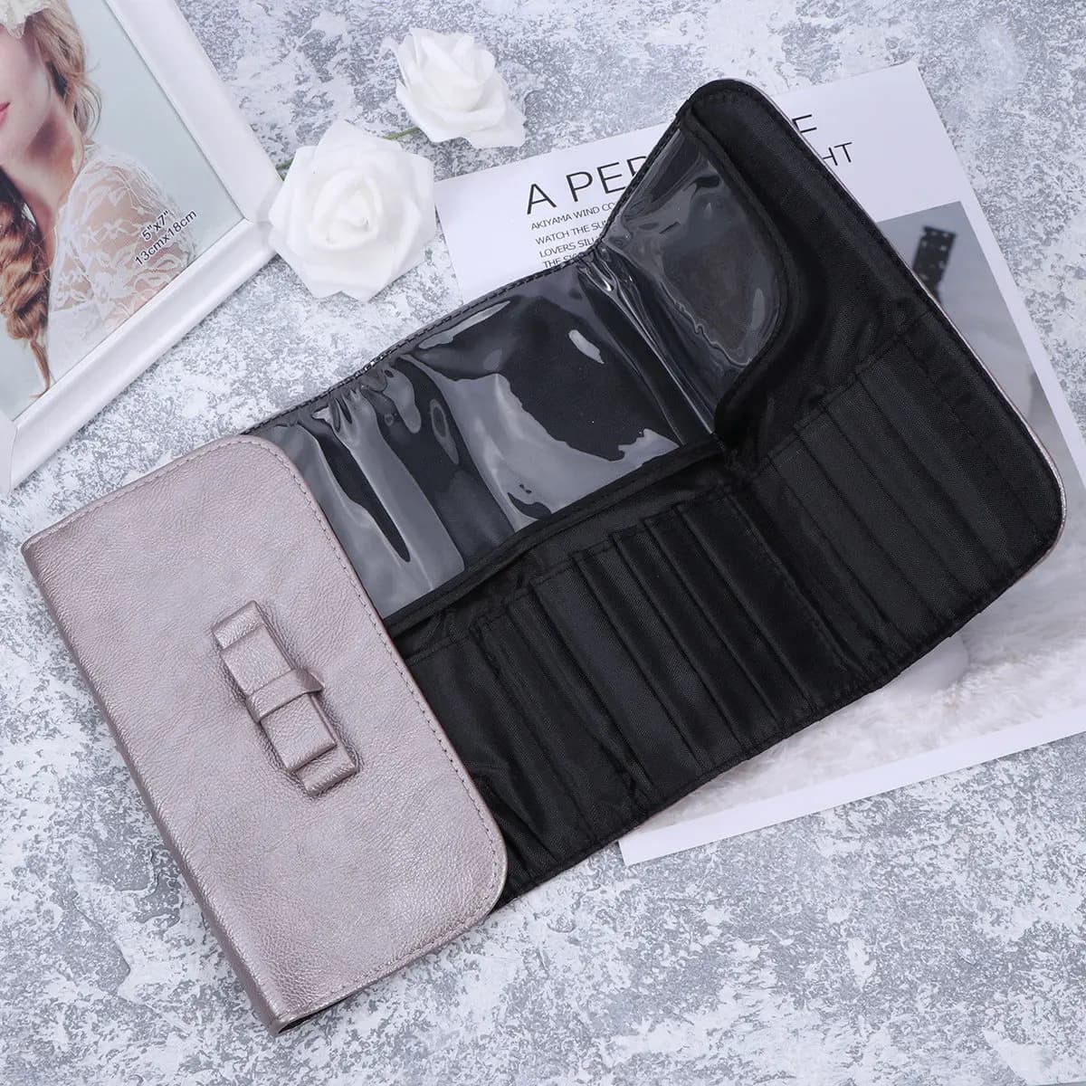 Astuccio Pieghevole in PU per Pennelli, Organizzatore da Viaggio per Pennelli, Eyeliner, Primer, Correttore, Fondotinta, Mascara