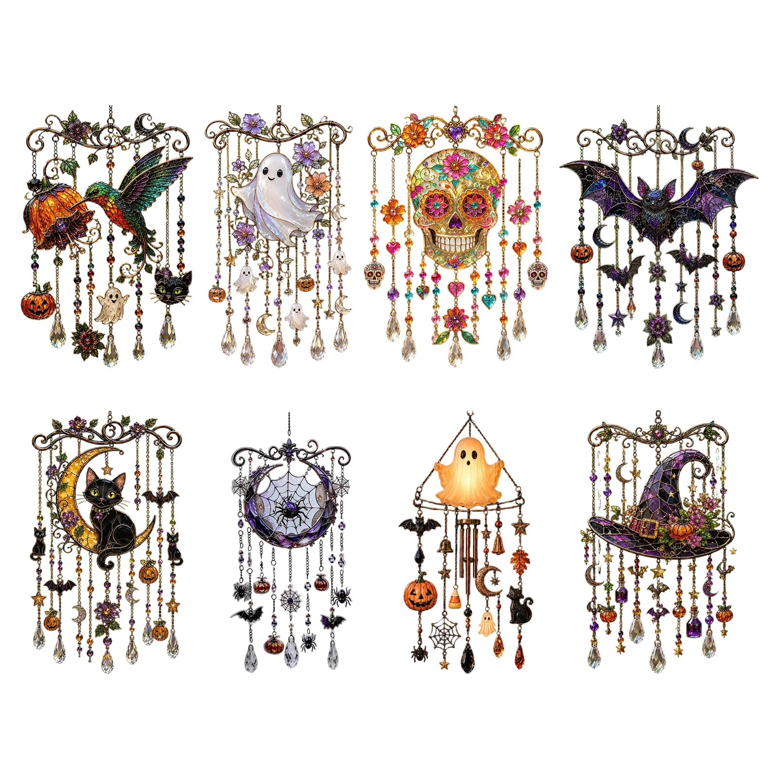 Acrylic Halloween Ghost Bat Pumpkin Skull Black Cat Suncatcher Wind Chime Window Porch Decor