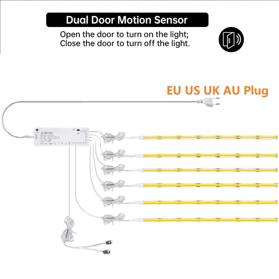 AU EU US UK Plug 12V COB LED Strip Light con controllo del sensore porta Lampada per armadio a LED Nastro per armadio Illuminazione vetrina