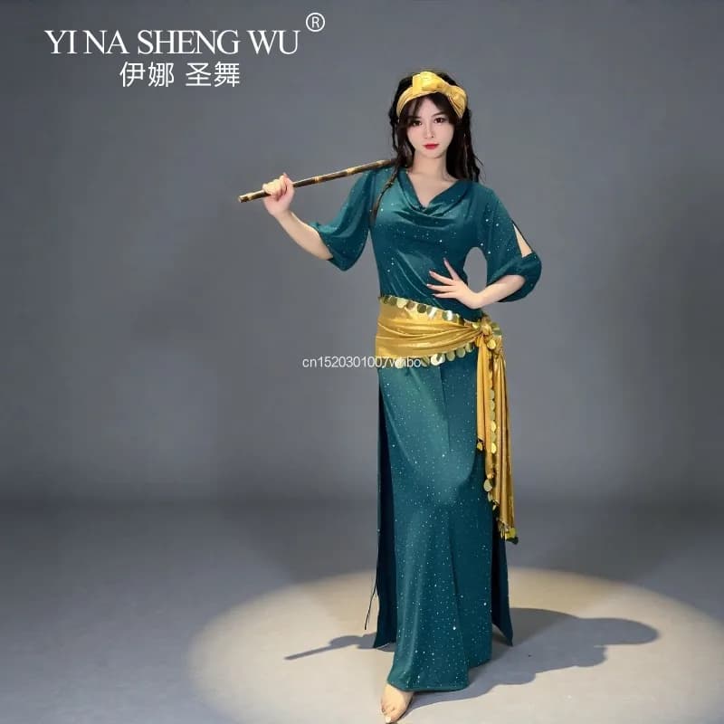 Set of 3 Pieces Professional Dancewear Baladi Dance Performance Costume Lady Dance Practice Set Popular Dress Turban Life Chain