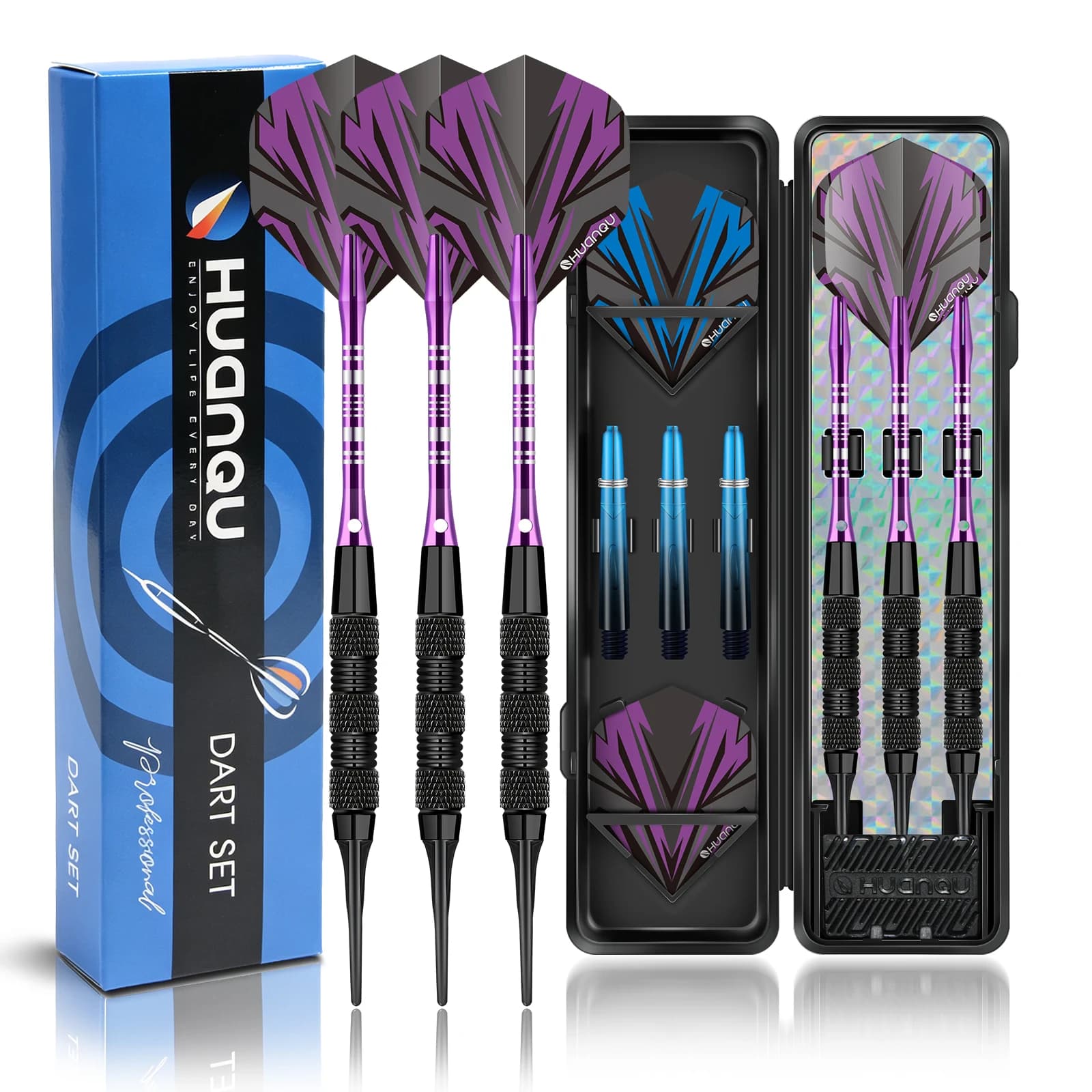 HUANQU 3Pcs 16g Iron Steel Tip Darts Set with 3 Replacement Shafts Flights Professional Dart Game Accessories