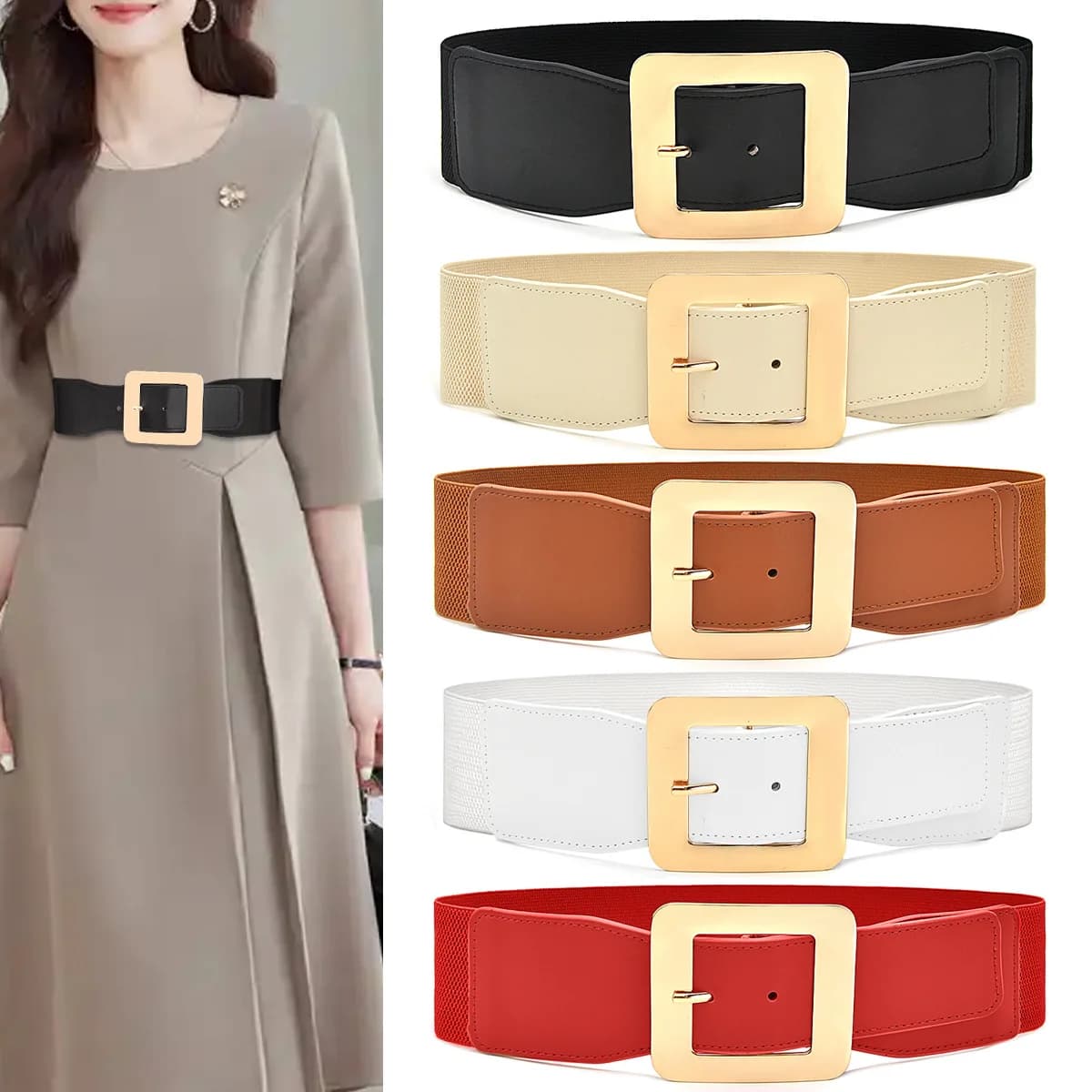 Cintura Elastica da Donna con Fibbia Quadrata Semplice, Nera, Elegante, Estiva, alla Moda, Accessorio Universale per Vestiti