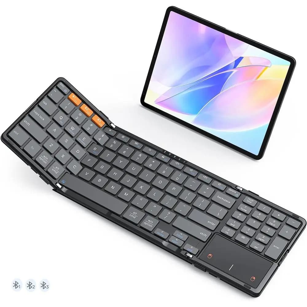 Tastiera Bluetooth multi-dispositivo con touchpad e tastierino numerico, design portatile a dimensioni standard per Windows, iOS, Android e iPad