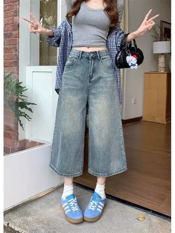 Jeans vintage stile americano sbiaditi a gamba dritta da donna, taglia piccola, moda estiva, pantaloni larghi a gamba larga a sette ottavi che snelliscono la figura