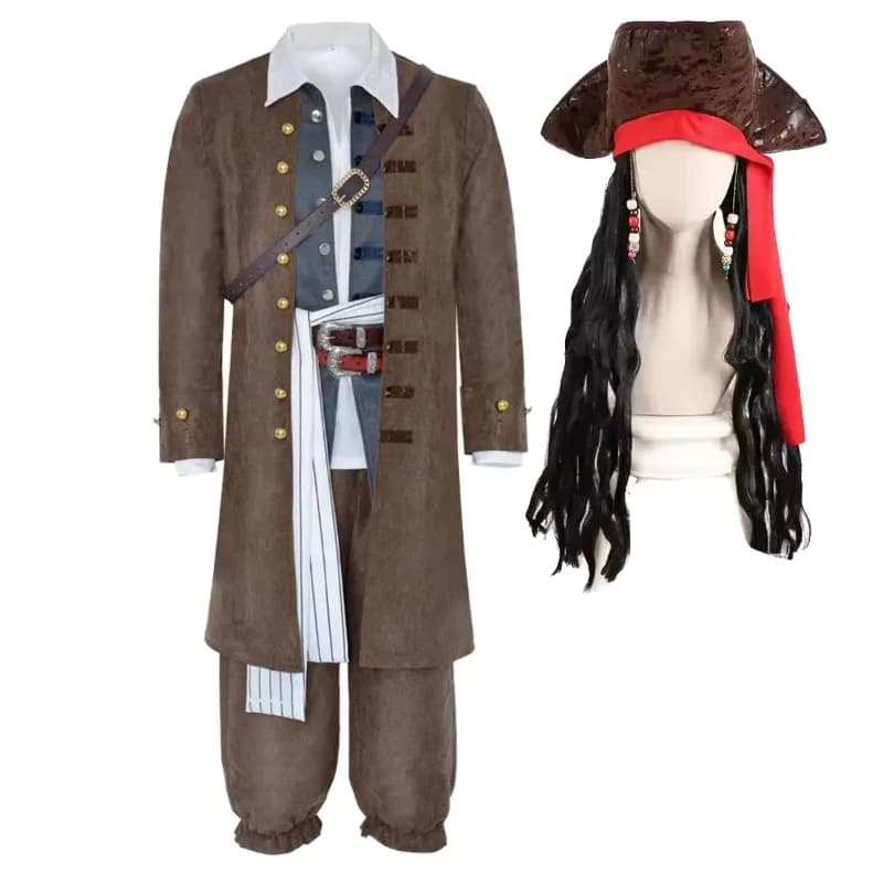 Costume da Pirata Jack Sparrow, Uniforme da Film, Giacca, Pantaloni, Parrucca, Set Completo per Uomo, Travestimento per Festa di Halloween a Tema Caraibi