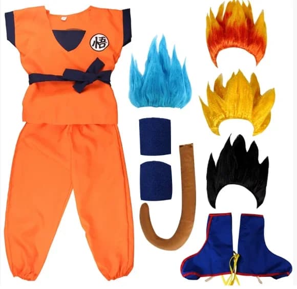 Bandai Ball Z Son Goku Costume cosplay per adulti e bambini, t-shirt e pantaloni, set da sei pezzi, adatto per l'allenamento quotidiano, feste scolastiche