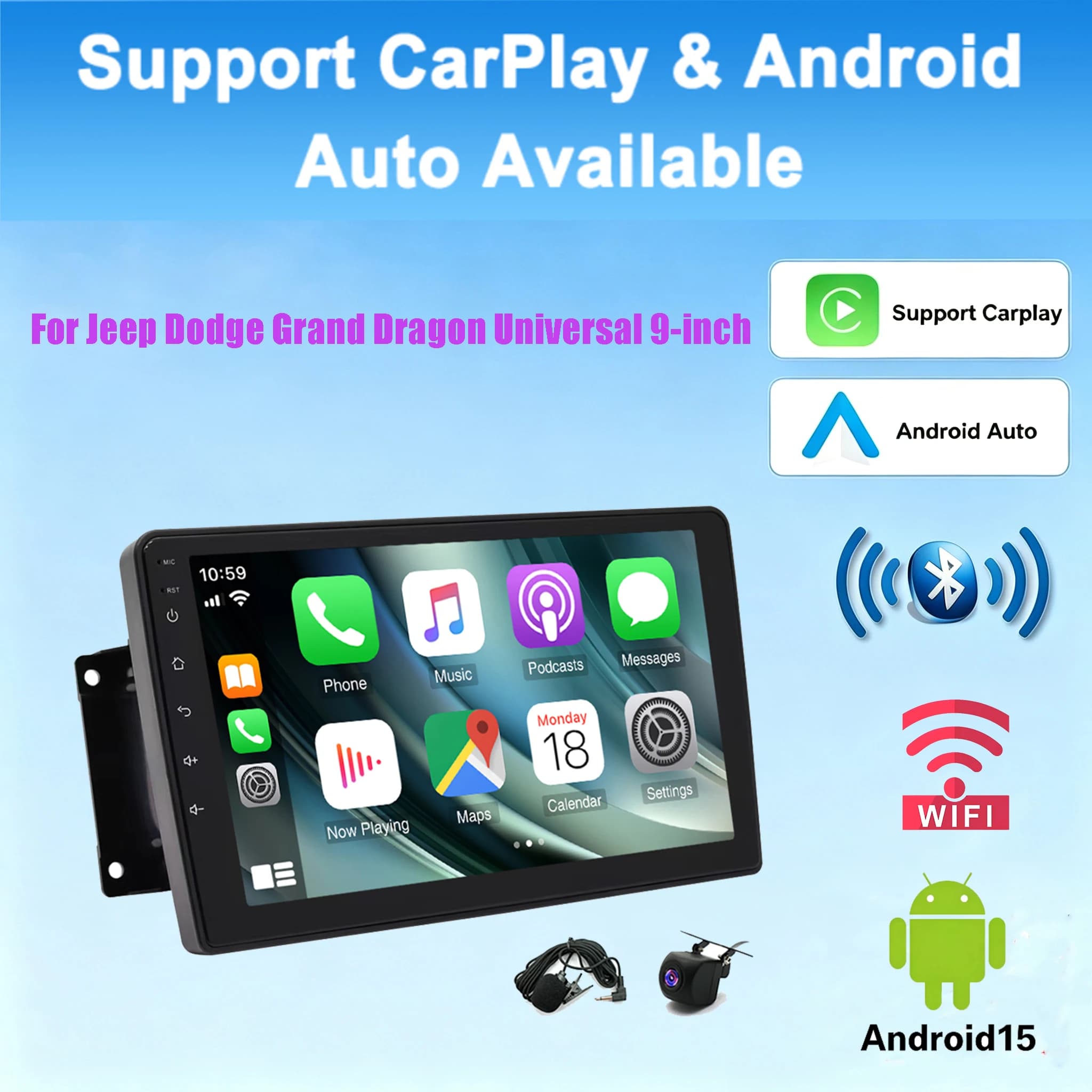 2+32G Smart Display Intelligent Navigation For Jeep Dodge Grand Dragon Universal 9-inch Android 15 Head Unit WiFi Bluetooth FM Multi Function