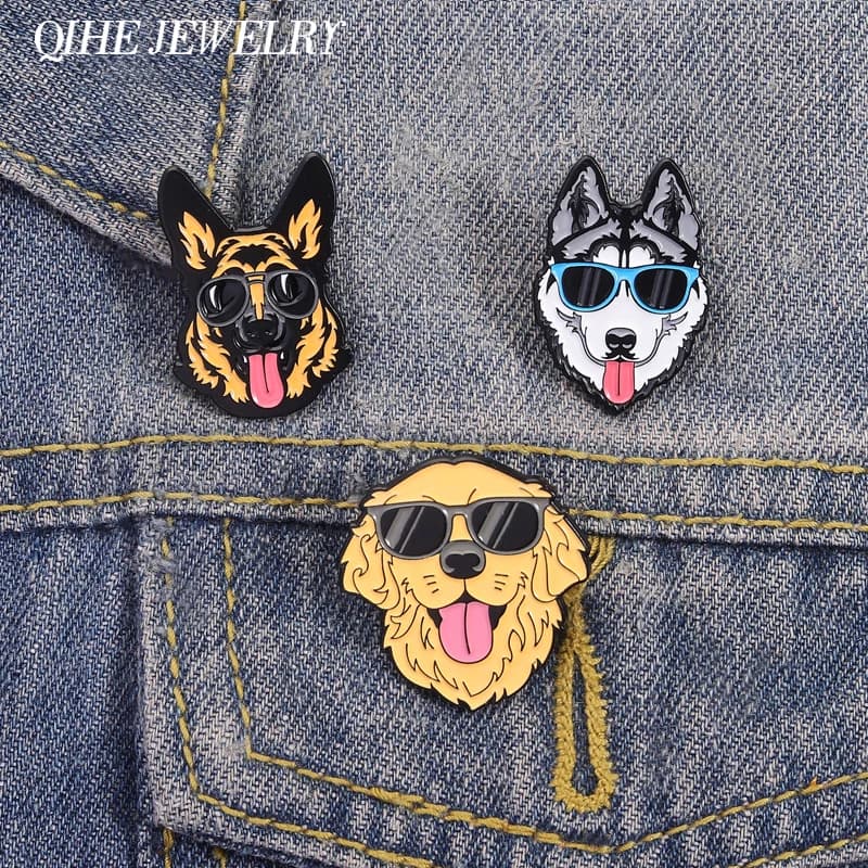 Golden Retriever German Shepherd Husky Dog Enamel Pins Cute Dog Wear Sunglasses Spits Tongue Brooches Lapel Badge Jewelry Gift