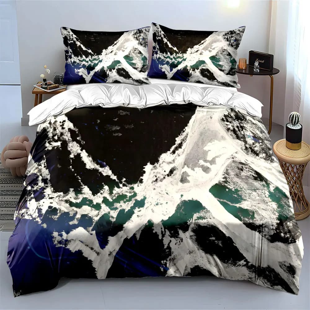 Set di biancheria da letto con motivo astratto Ice Crack, 3 pezzi, copripiumino con stampa a texture in bianco e nero + 2 federe, decorazione moderna