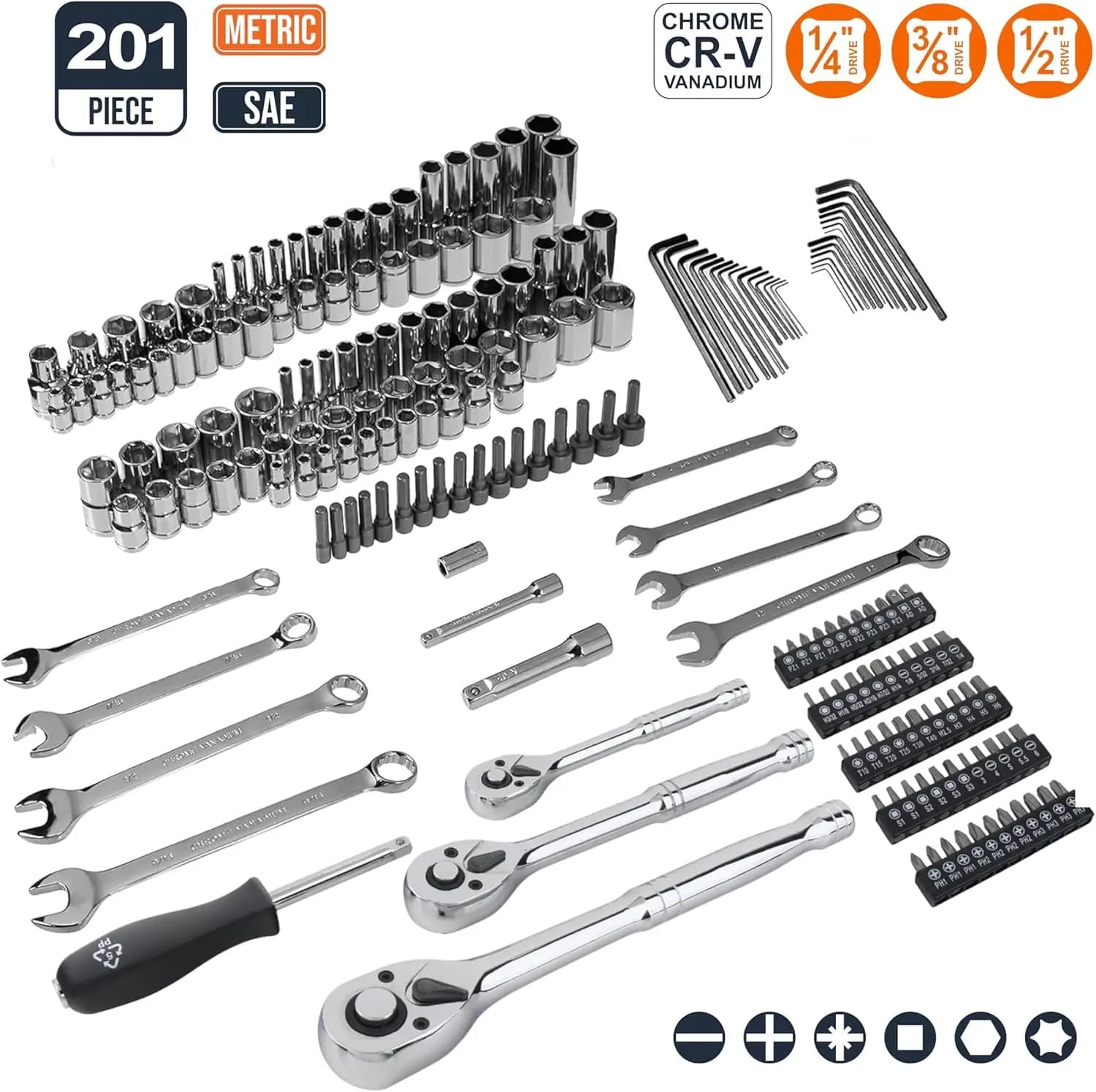 Set di Attrezzi per Meccanici Basics da 201 Pezzi con Valigetta, Misure SAE e Metriche, Acciaio al Cromo-Vanadio, Portatile