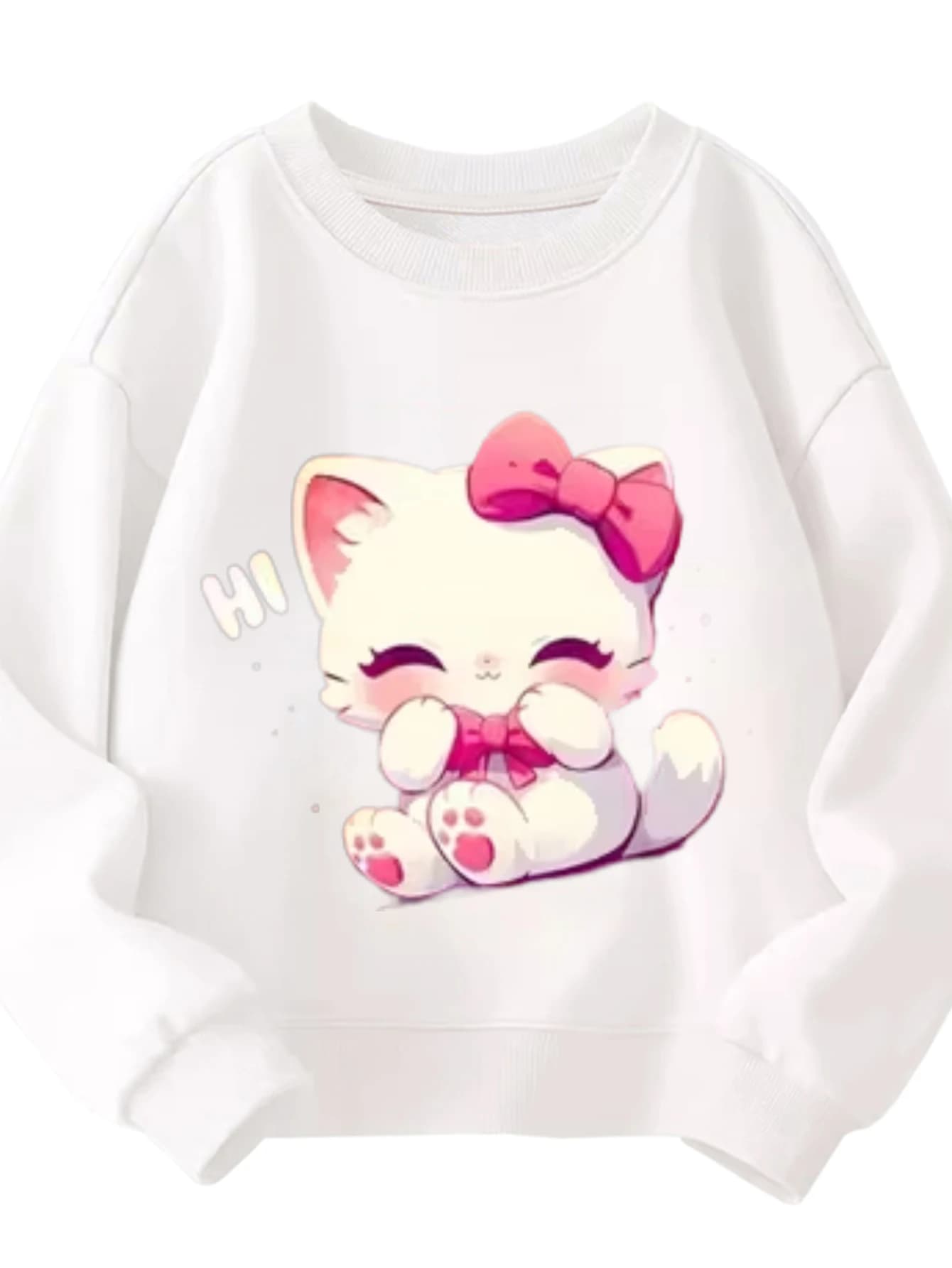 Felpa girocollo per bambini Simpatico gatto bianco allegro dolce casual con fiocchi rosa Pullover bianco con grafica alta per ragazze