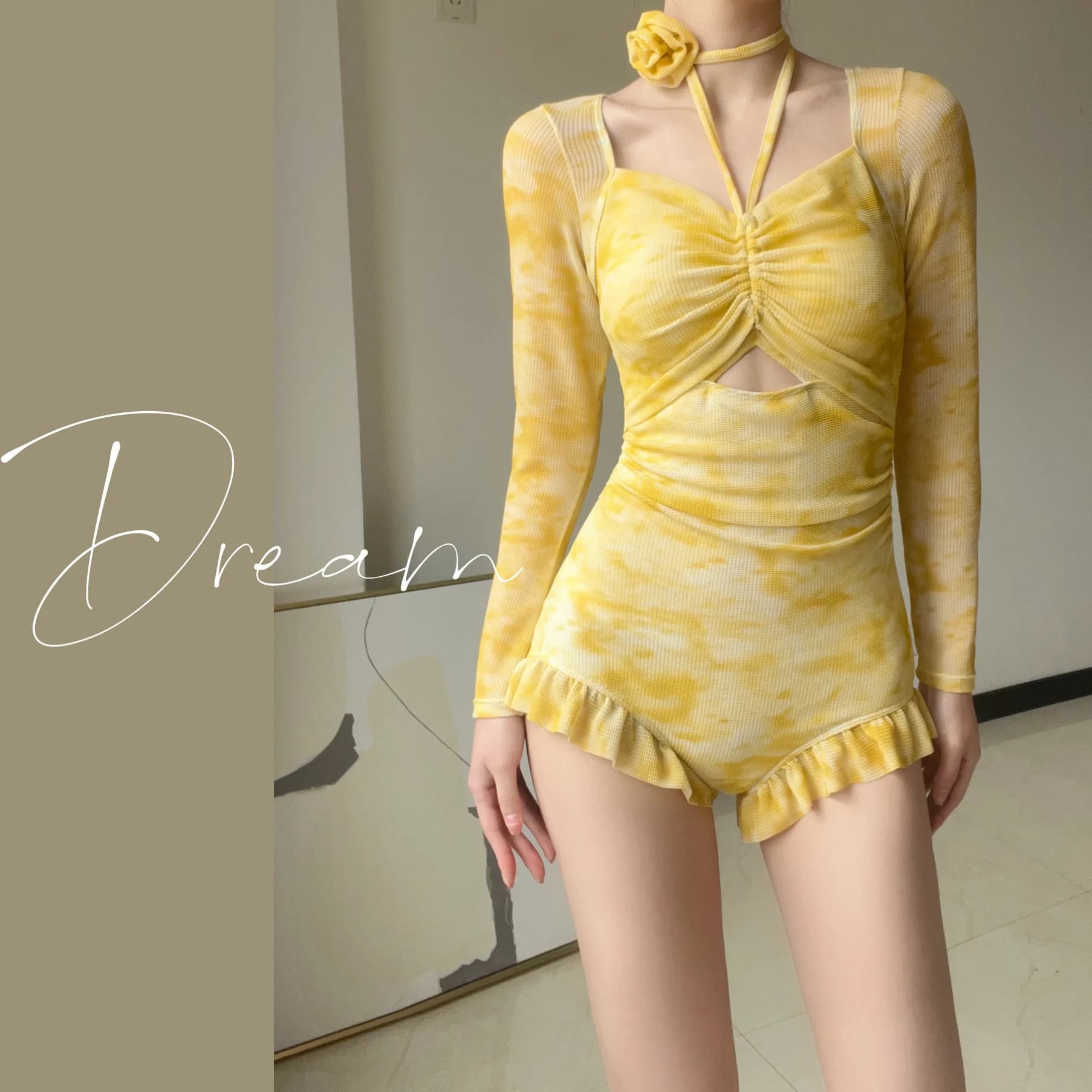 French Elegant Yellow One-piece Swimsuit Women's Sexy Tummy Control Bikinis Y2k Slimfit Bathing Suit Hot Spring Pool Swimwear