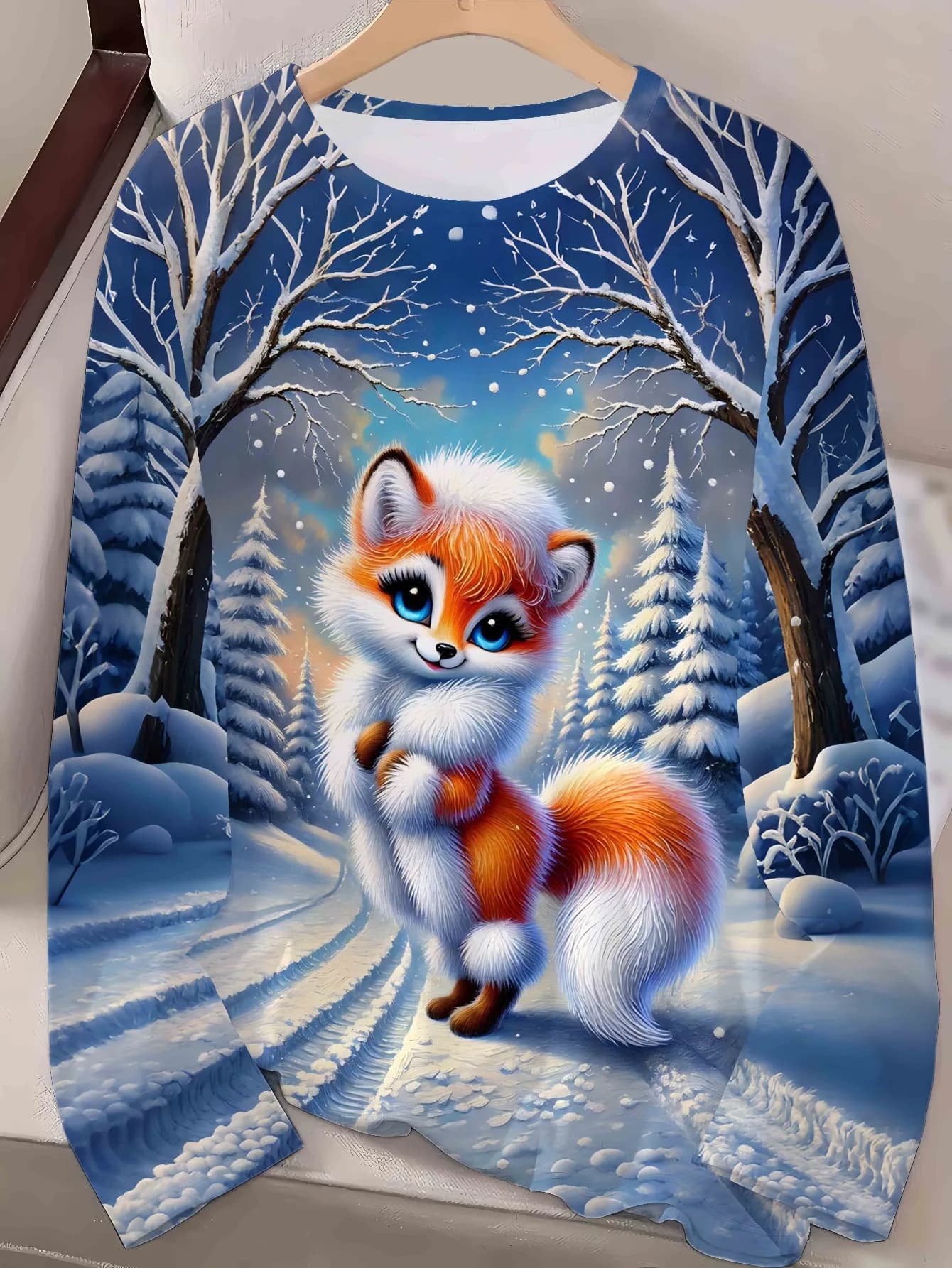 Women Crew Neck Long Sleeve T‑Shirt Cute Winter Fox Snow Forest Scenery Print Casual Loose Fit Ladies Daily Tops