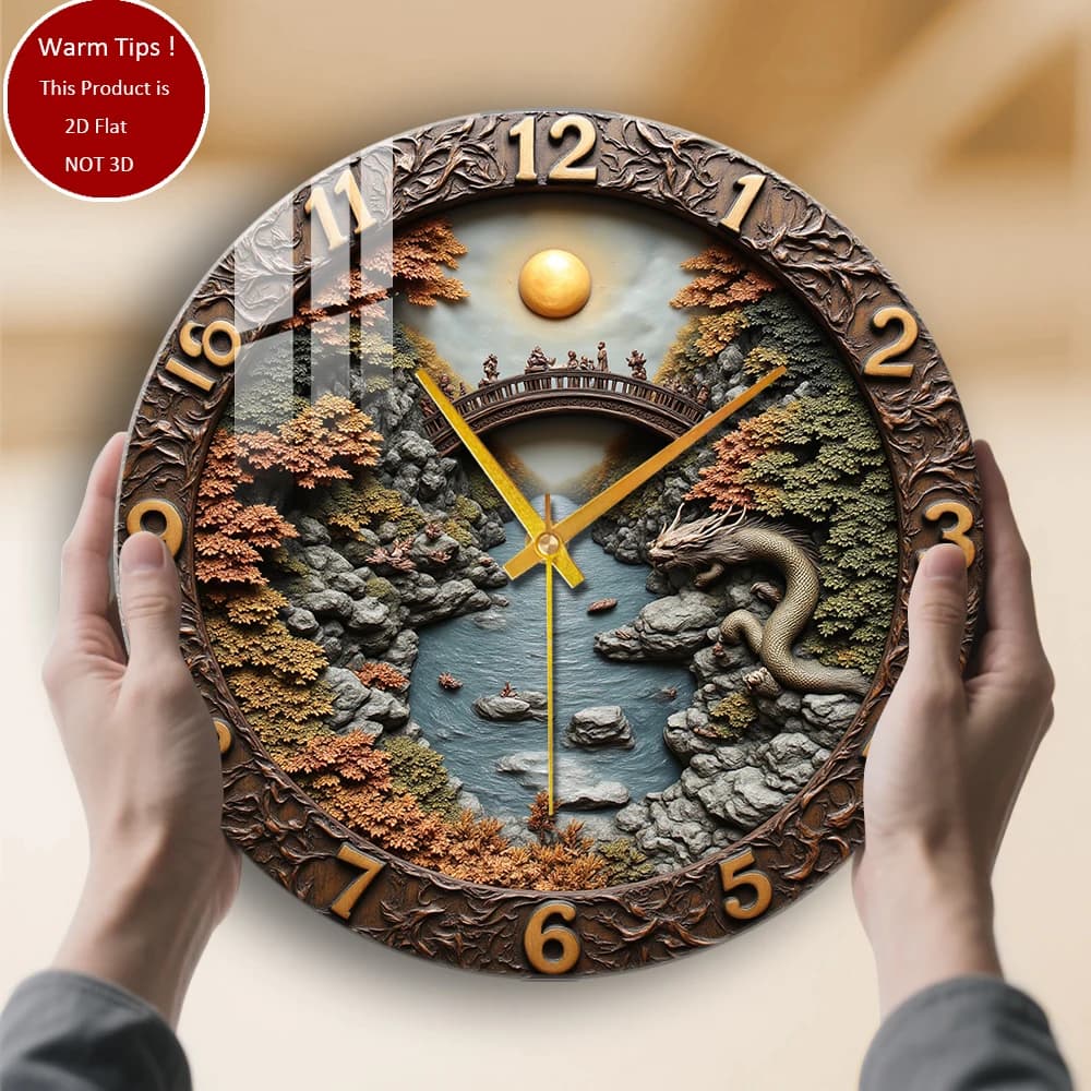 Dragon Bridge River Sun Trees tempered glass wall clock suitable for wall decorations or table displays everywhere
