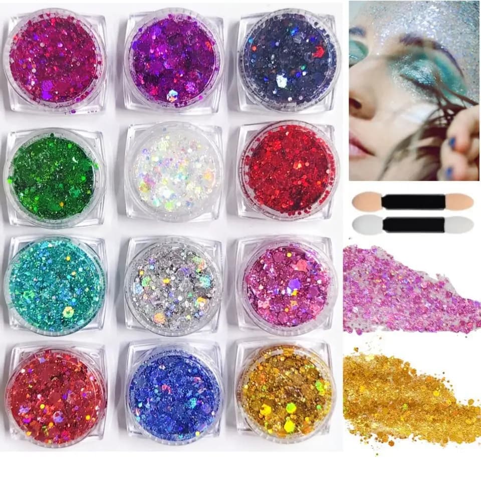 Glittered face gel, glittering gel for makeup festivals with 12-color holographic sequins for body, face shading, nails and hair