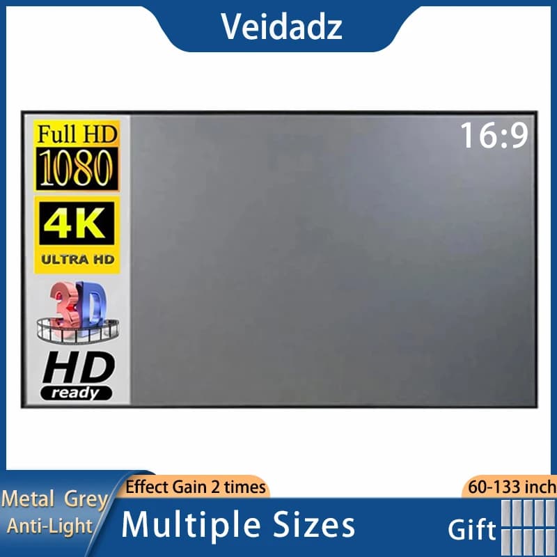 VEIDADZ Schermo per proiettore 60 72 84 92 100 110 120 130 133 pollici 16:9 Pieghevole Anti-Luce Panno riflettente grigio per la casa Party Movie