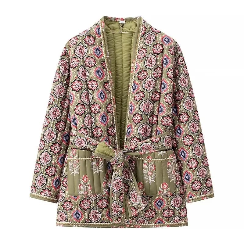 Giacca trapuntata invernale con stampa totem verde militare con scollo a V Giacca etnica da donna con fiocco e fascia trapuntata Cappotto a maniche lunghe BOHO Capispalla midi
