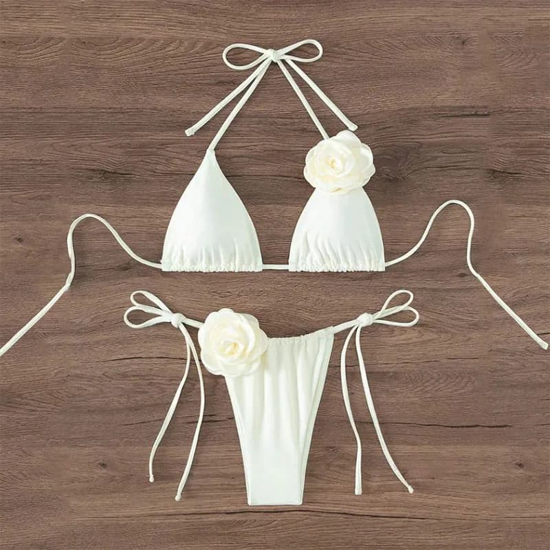 Bikini Sexy con Fiori 3D e Lacci Sulla Schiena, Costume da Bagno Femminile Due Pezzi, Set Bikini, Abbigliamento da Spiaggia, Taglie S-L