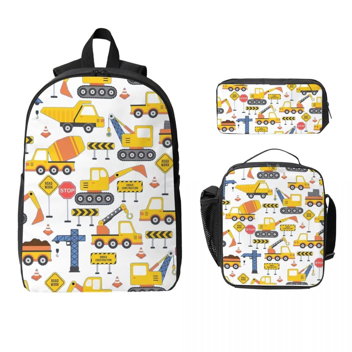 Road Work Under Construction Transportation Backpack Student Boys Girls BookBag School Bag 3ps Insulated Lunch Bag Pencil Case
