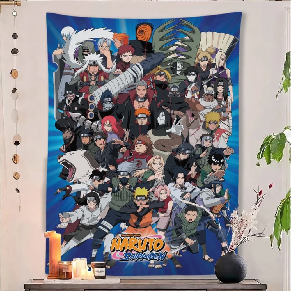 Naruto Shippuden Anime Tapestry Full Character Group Blue Gradient Print Wall Hanging, Japanese Ninja Manga Background Cloth for
