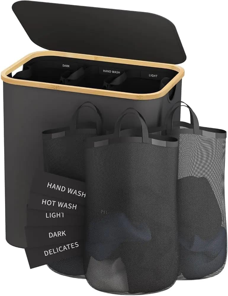 160L Wallet Basket with Cover, Dress Collection Basket with 3 Parts, Removable Bags and Labels in Dark Grey