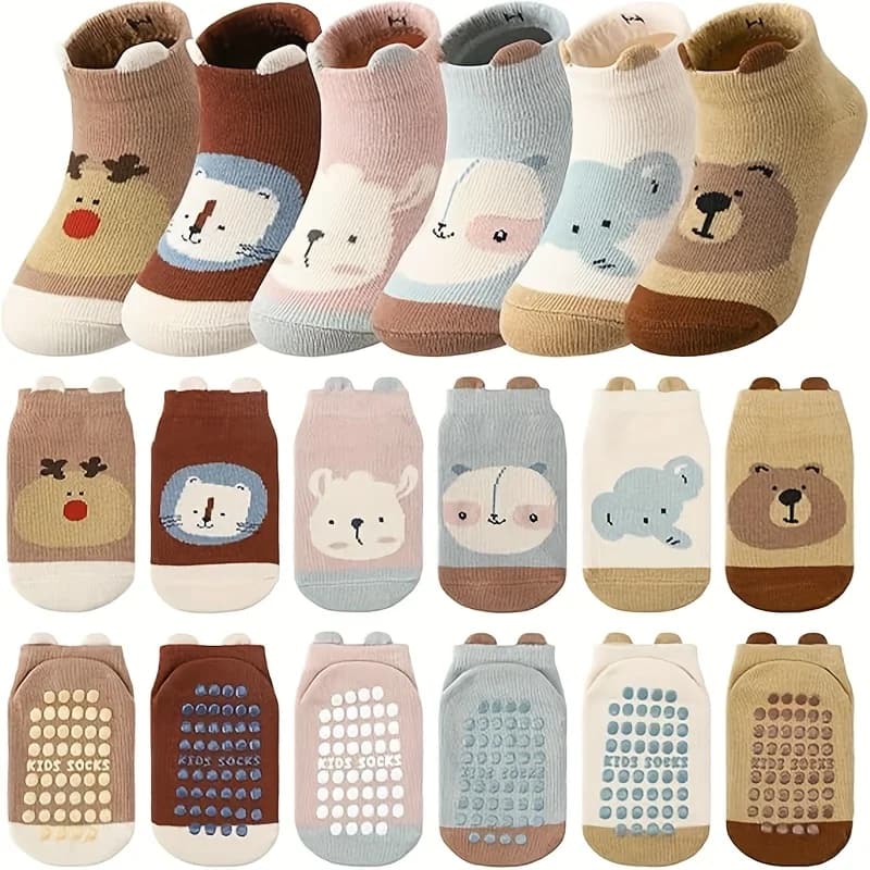 6 pairs of boys and girls' anti slip socks with cute cartoon animal patterns, comfortable and breathable baby floor socks