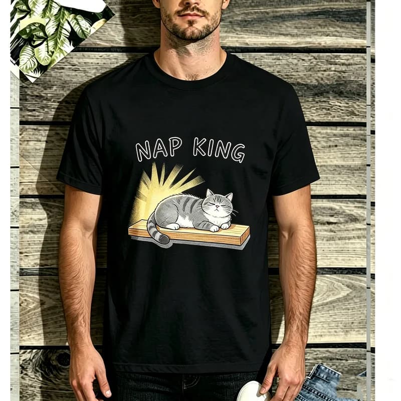 2026 New Unisex Cute Sleeping Cat Nap King Lazy Cat Graphic Short Sleeve T-Shirt Soft Cotton Vintage Casual Summer Top Pet Fans