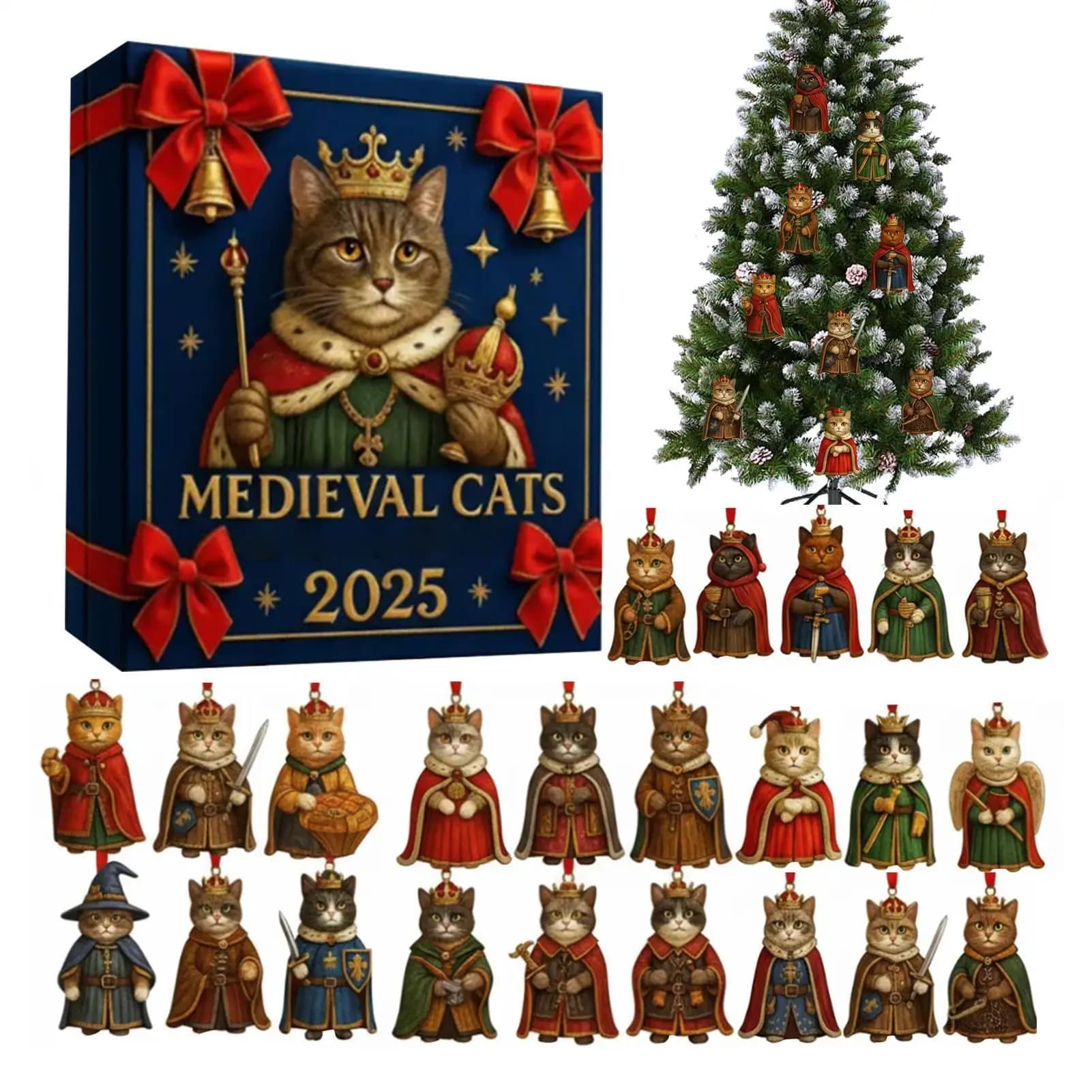 Calendario dell'Avvento per gatti 2D di Natale 24 giorni Tema medievale Giocattolo piatto Calendario per il conto alla rovescia Albero di Natale Pendenti per gatti Regalo di Natale