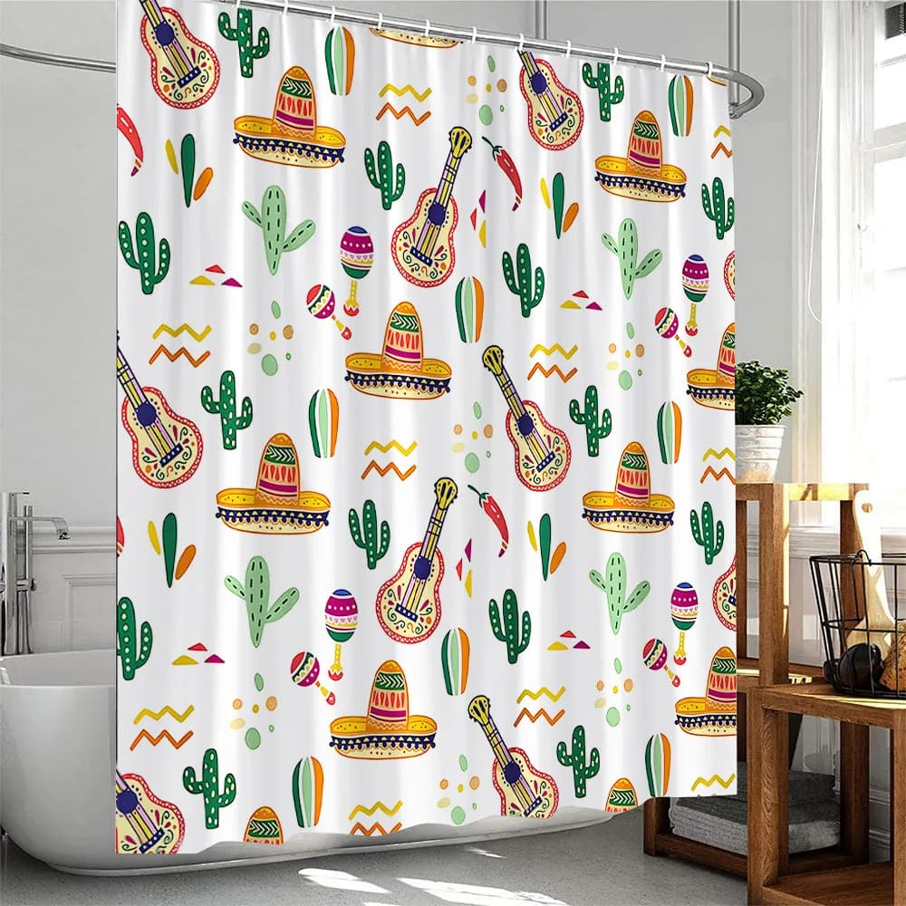 Tenda da doccia, tenda da bagno in poliestere impermeabile con cactus messicani, sombrero e chitarra, con ganci, decorazione a tema Fiesta
