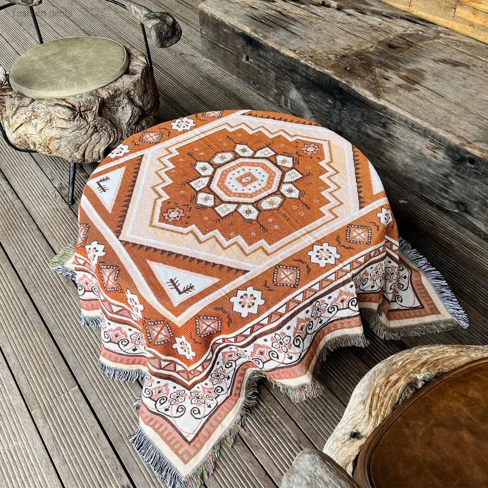 Coperta per Divano con Motivo Geometrico Arancione, Plaid Decorativo Bohemien con Nappe in Misto Policotone per Divano, Soggiorno, Camera da Letto 130x160cm