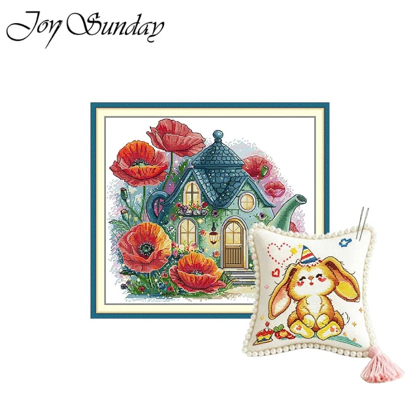 Joy Sunday Cross Stitch Kit The Flower Teapot Cottage Printed Counted Fabric 16/14/11CT DIY Embroidery Set with Needle Case