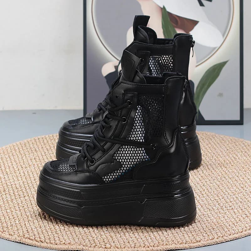 Scarpe da ginnastica da donna con plateau in rete traspirante 12 cm Tacco nascosto Escursione Suola spessa Stivaletti comodi e leggeri per Petite