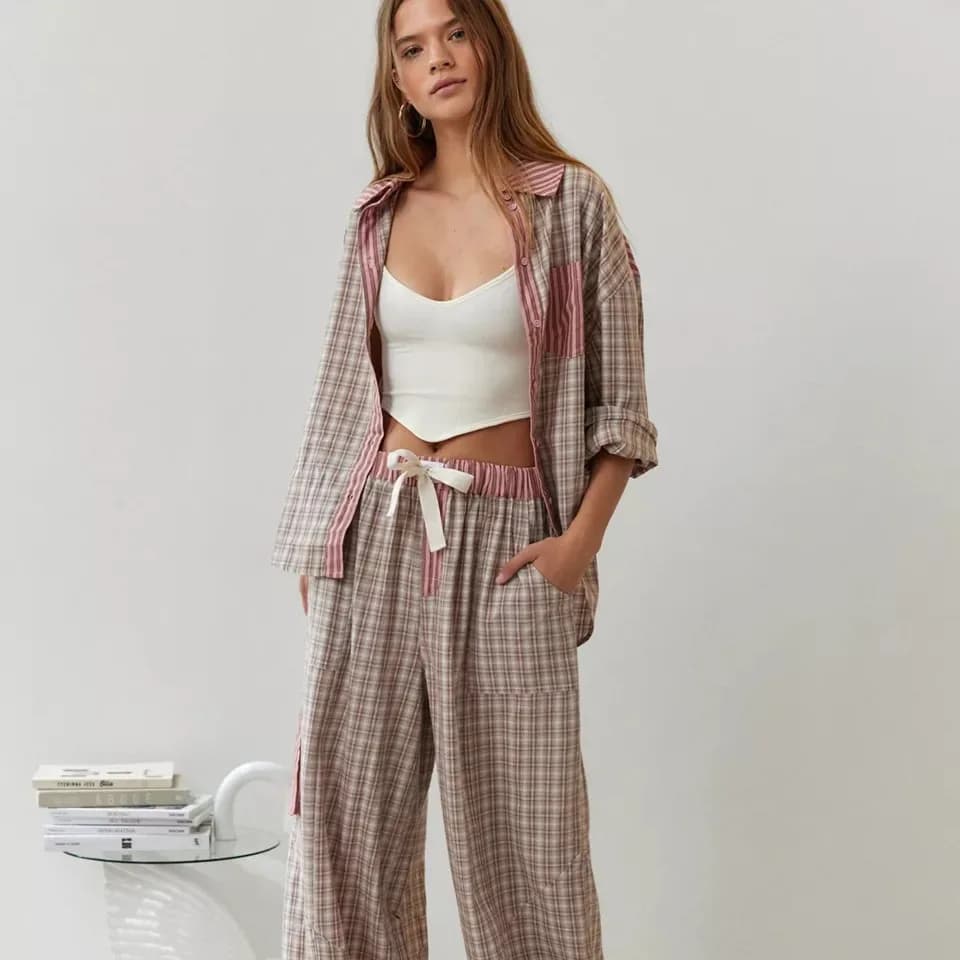 Women's Striped Scottish patchwork blouse and wide trousers set Casual pyjamas 2 pieces Shirts with long sleeves Long sleeves Nightwear for the house Women's Dress