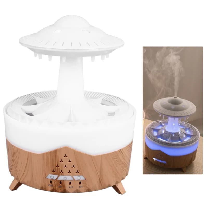 UFO Rain Cloud Umidificatore Luce colorata Simpatico venature del legno Goccia d'acqua Diffusore di oli essenziali con telecomando per il comodino