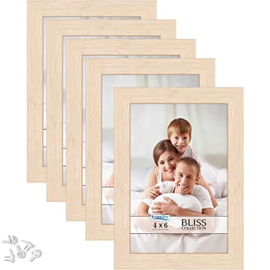 4x6 Picture Frames -, 5 Pack - Modern Style Enginee Wood Frames - Table Top or Wall Mount - Bliss Collection