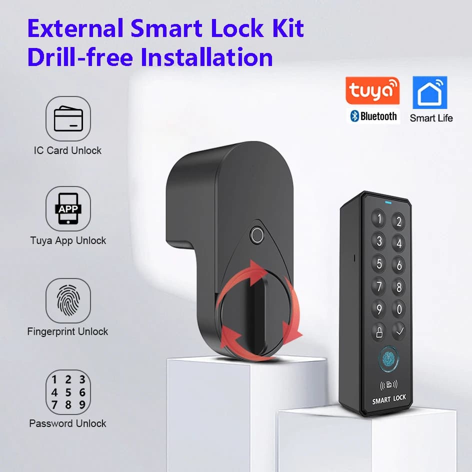 Serratura intelligente con Bluetooth Tuya, sblocco tramite impronta digitale, password e scheda IC; nessuna perforazione richiesta per l'installazione.