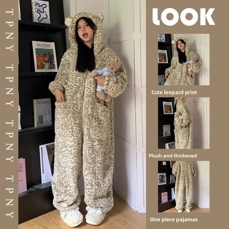 Women's entire pyjamas in coral fleece with leopard print of cartoons Women's winter pile thickened with cute hood Full pajama for woman