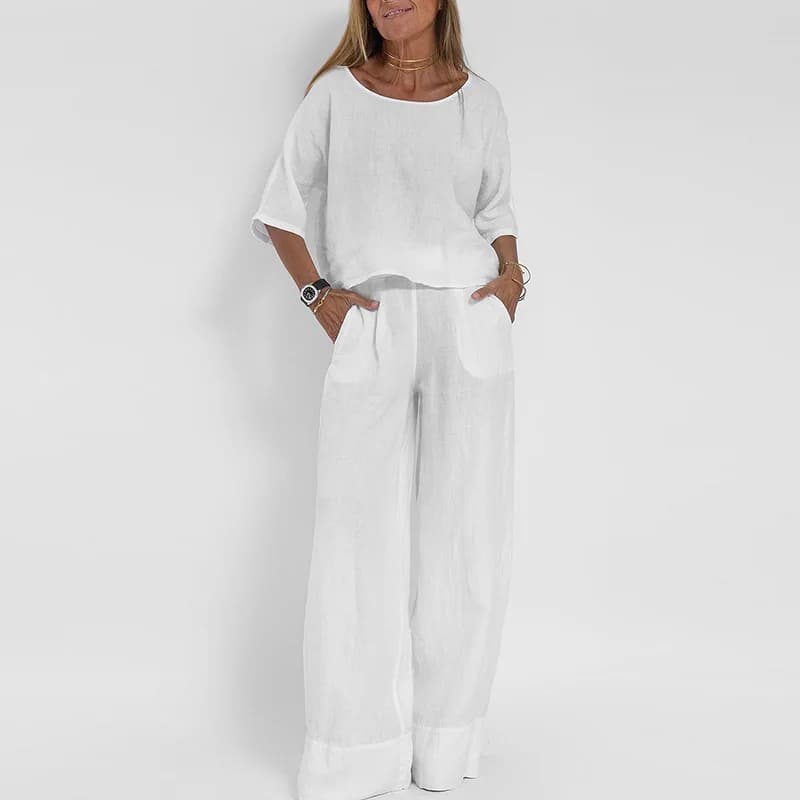 Abiti di lino per donna 2 pezzi Moda estiva Nuovo girocollo bianco T-shirt casual Pantaloni a gamba larga in vita elastica Set da due pezzi