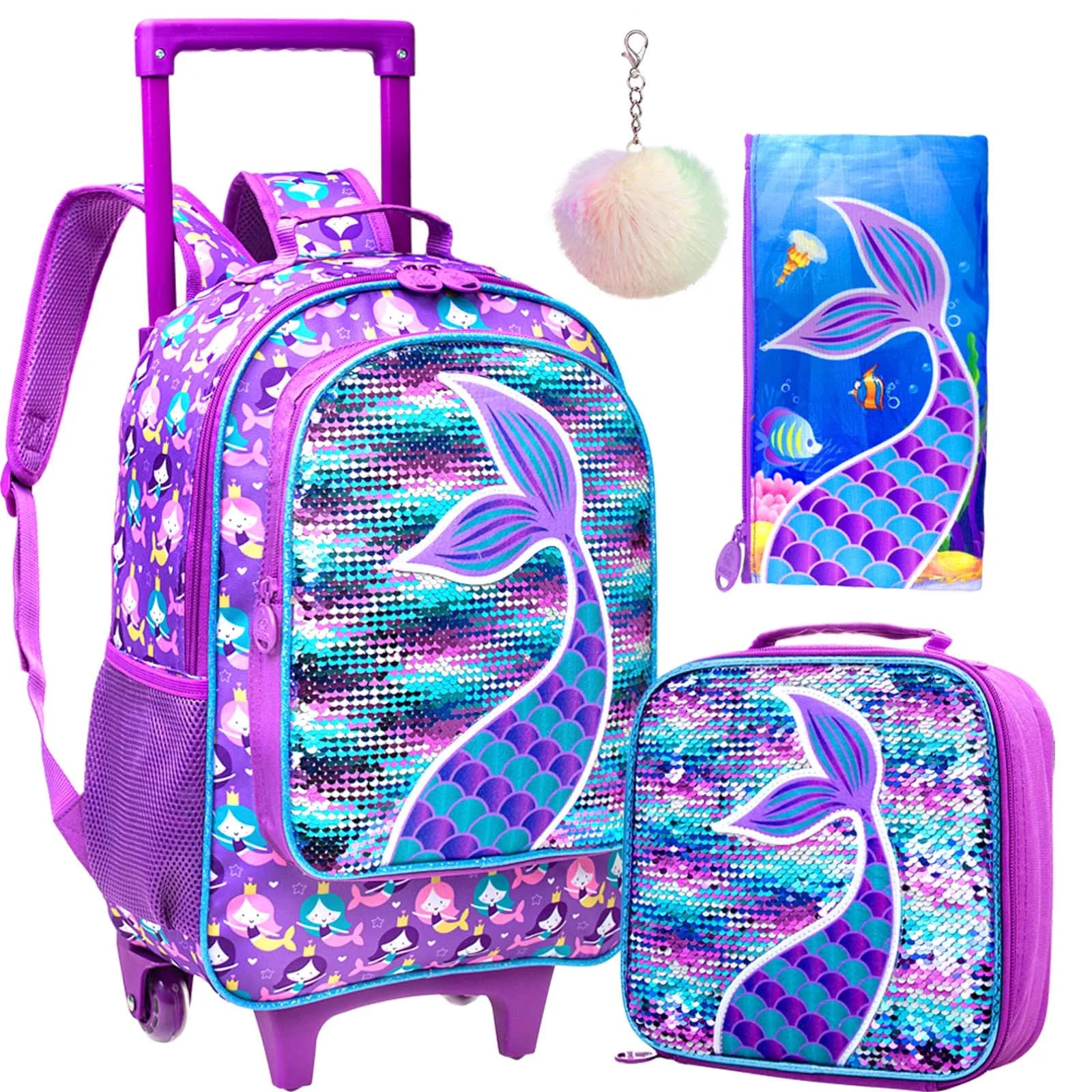 Zaino con ruote da 3 pezzi per ragazze, zaino con ruote per bambini, borsa da scuola con ruote e borsa per il pranzo - Sirena