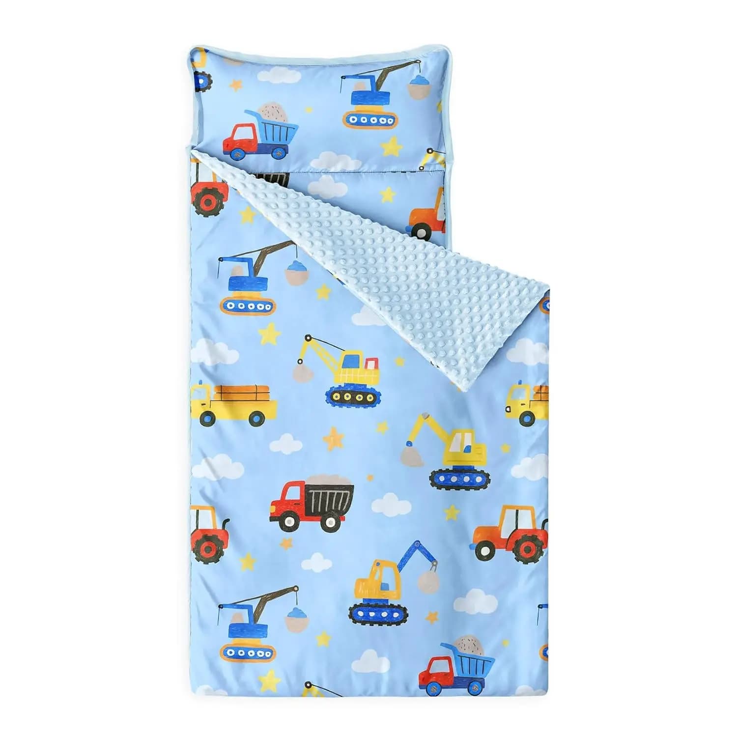 Children's rest pad with pillow and blanket in Minky fleece, rollable sleeping bag, design with car construction theme cartoons, blue