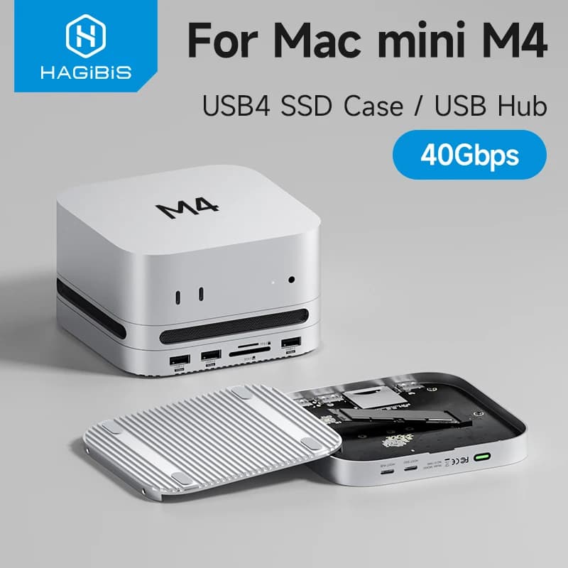 Hagibis Hub USB C per Mac mini M4/M4 Pro con custodia SSD M.2 da 40 Gbps USB 3.2 Gen2 SD/TF 4.0 Tipo-C Docking Station Supporto da tavolo