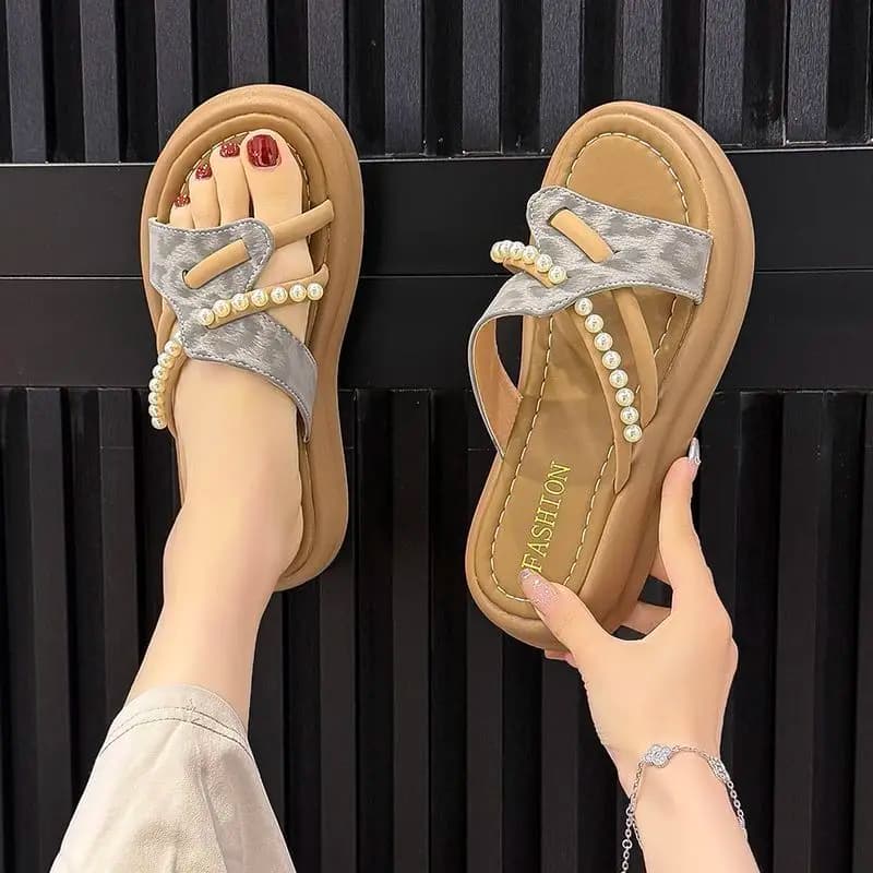 Sandali Estivi da Donna con Perle, Stile Coreano, Morbidi, con Punta Aperta, Casual, con Zeppa Bassa, da Infilare